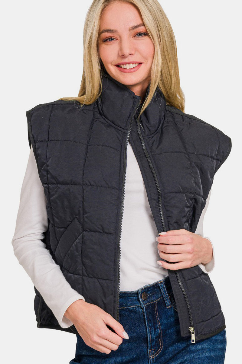 Zenana Zip Up Cropped Puffer Vest with Pockets